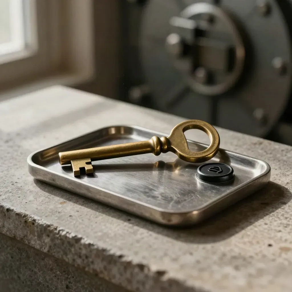 Brass vault key beside a steel token tray and black seal on brushed stone, lit with sharp shadow.