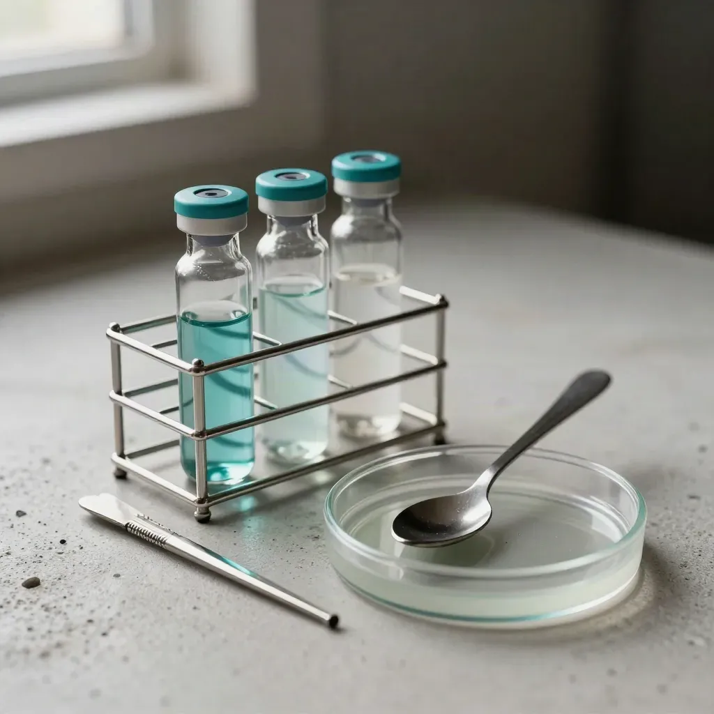 Sample vials, microspoon, and petri dish on pale concrete with a teal accent.