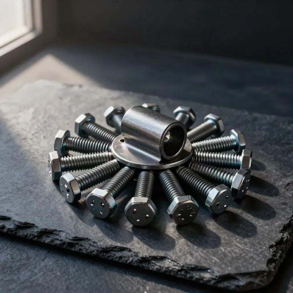 Rail coupler, forged clip, and bolt cluster on dark slate in soft upper-left daylight.