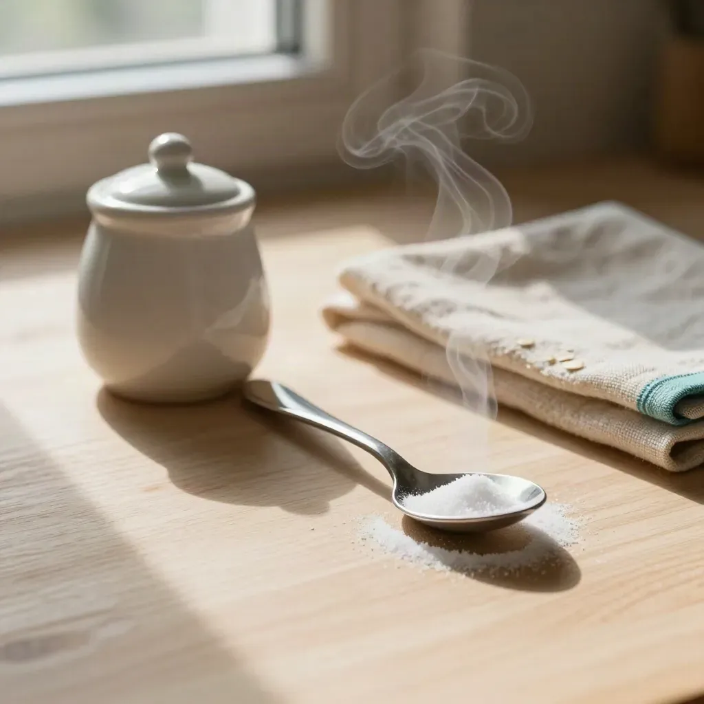 Macro still life of a tasting spoon, salt cellar and linen on pale wood with warm steam.