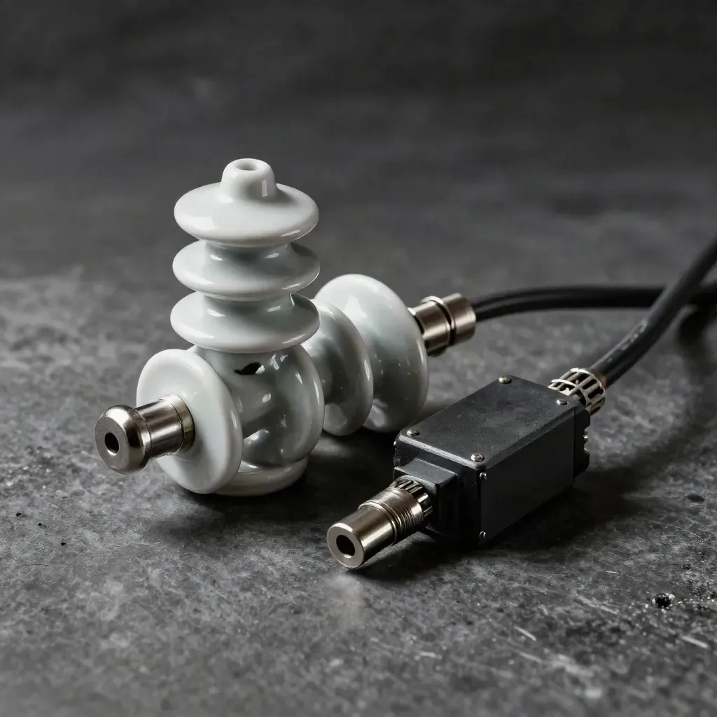 Ceramic insulator, cable end, and relay block on graphite in dramatic studio light.