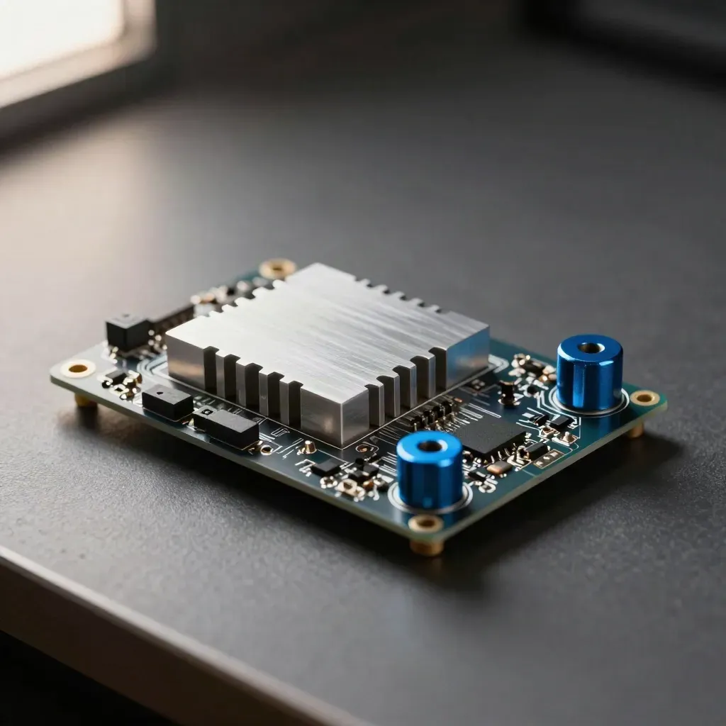 Aluminum development board with heatsink plate and blue standoffs on graphite stone.
