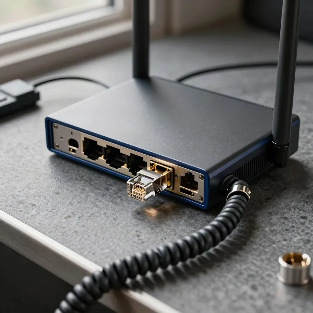 Top-down macro of a compact router, fiber coupler and armored ethernet coil on graphite surface.