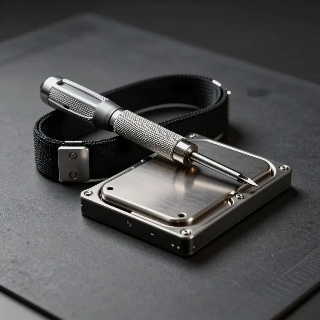 Precision screwdriver, anti-static wrist strap, and SSD tray on a graphite repair mat.