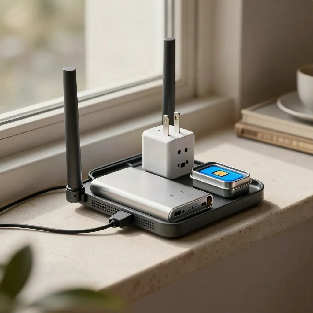 LTE router, power bank, plug adapter and SIM tray case on a stone tray with soft blue accent.