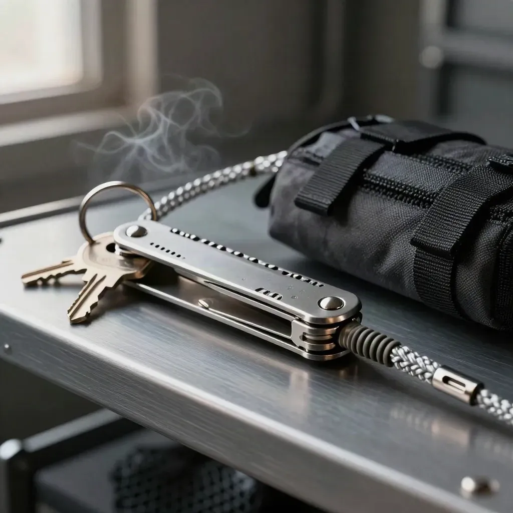 Macro still life of a multi-tool, braided patch cords, metal keys, and a pouch on steel.