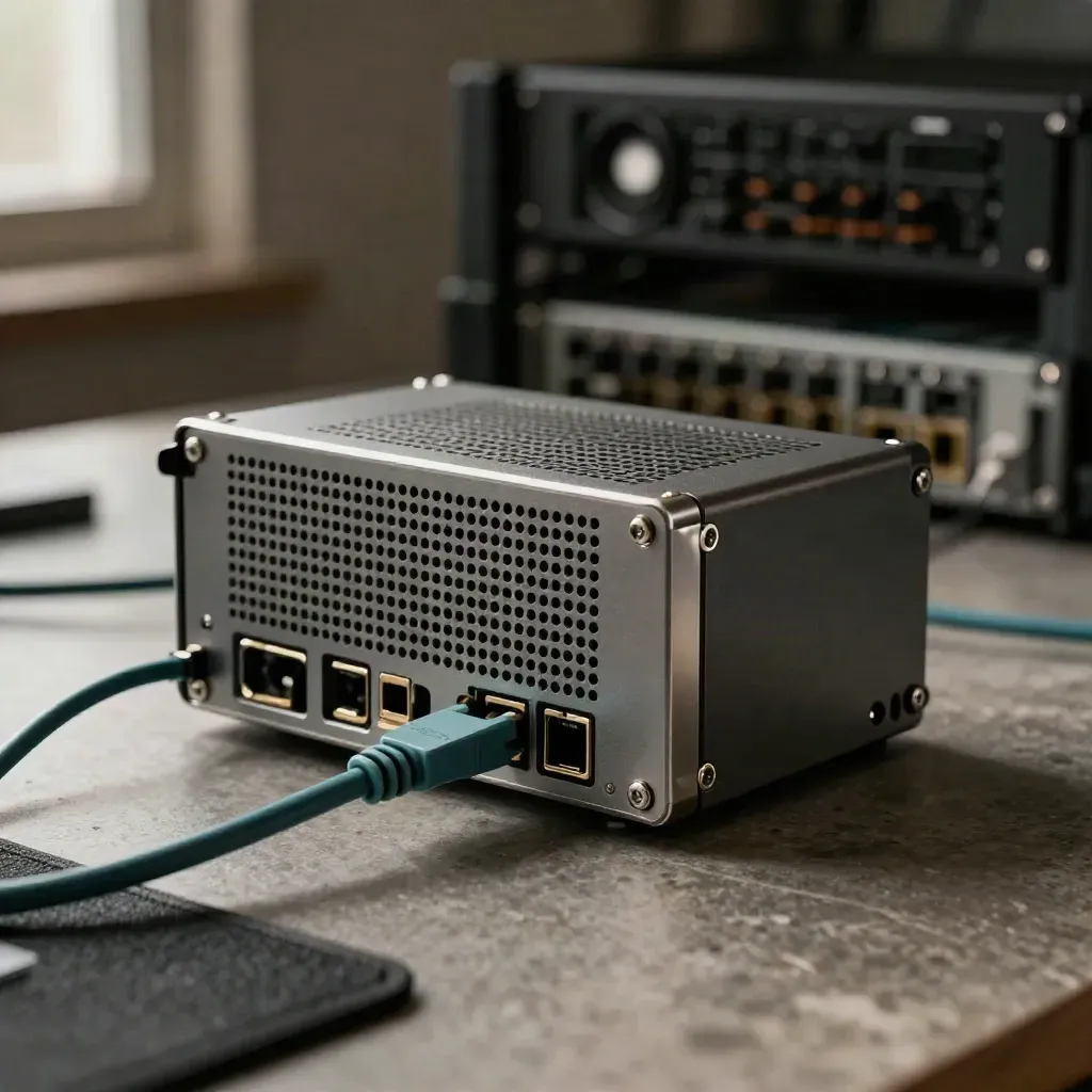Compact server module with braided cable and anti-static mat, lit dramatically on a stone workbench