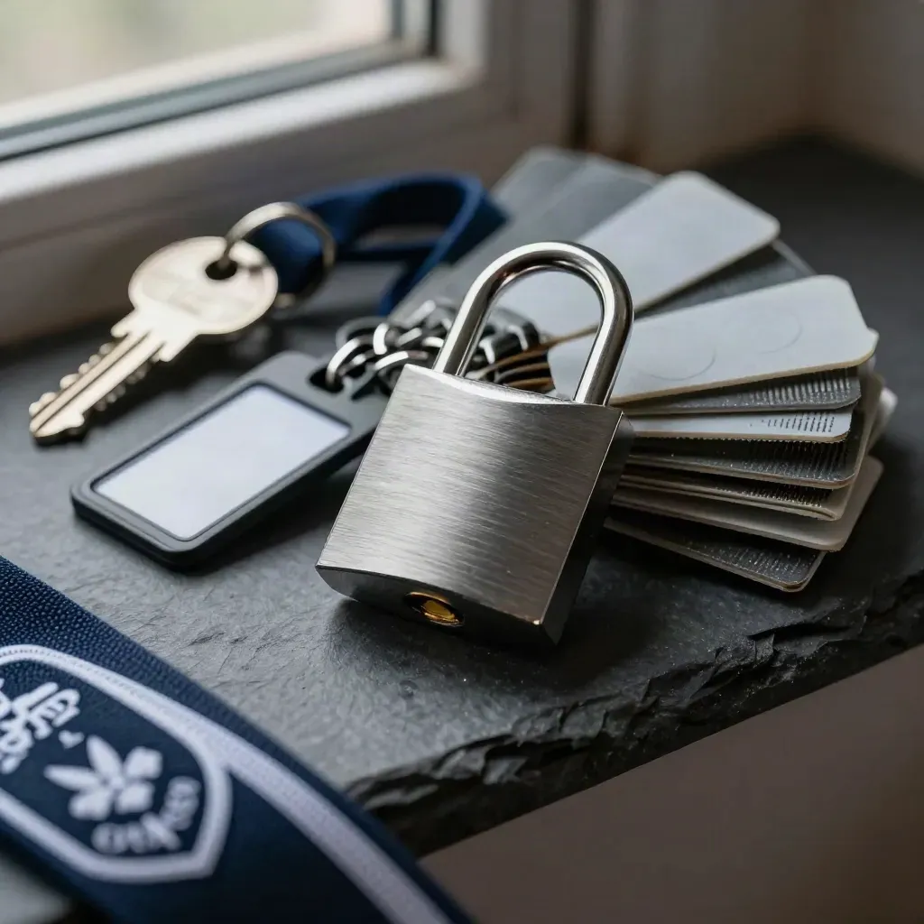 Security hardware still life with token, badge clip, lock core, and tamper seals