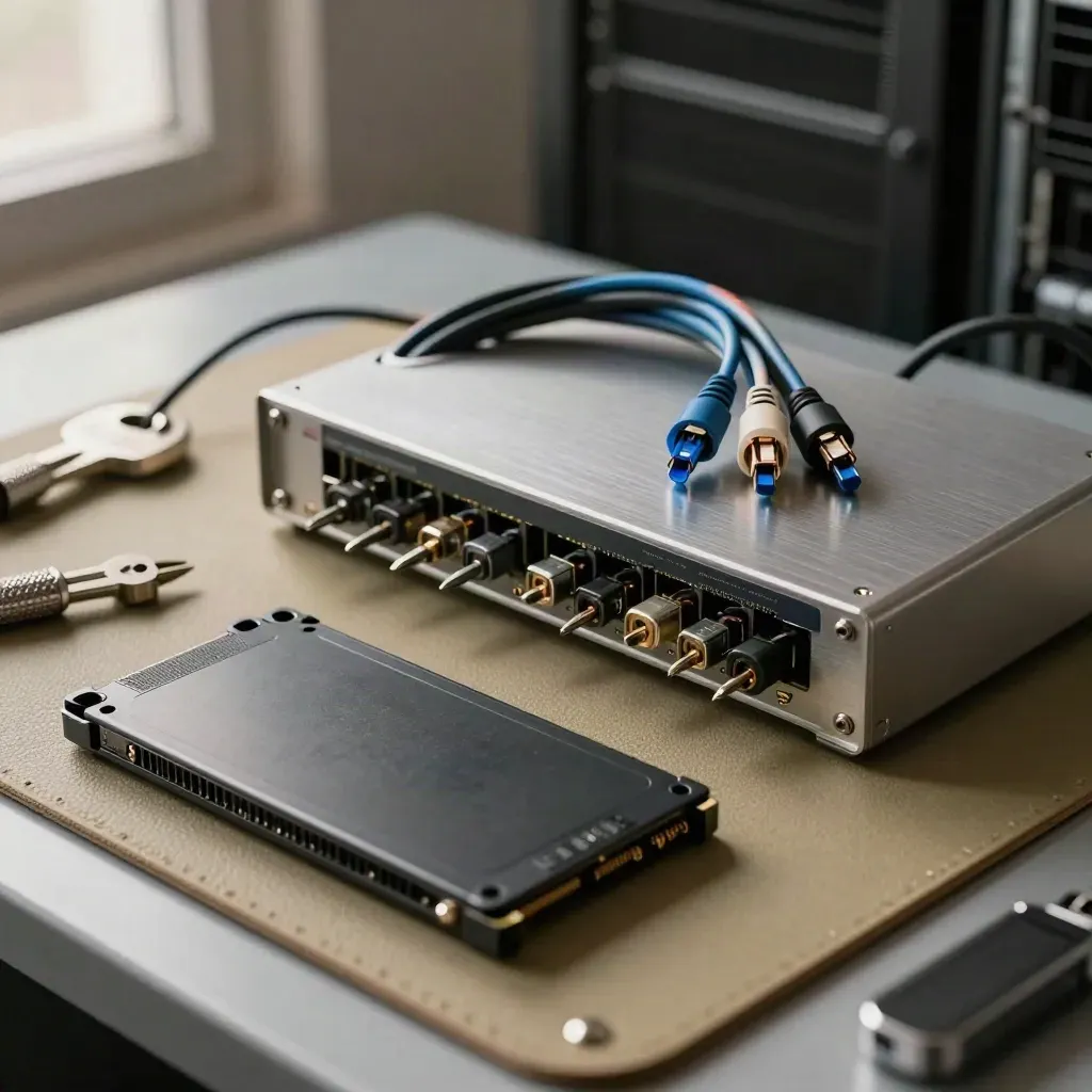 Macro overhead of cable tester, screwdriver set and SSD tray on a workshop bench.