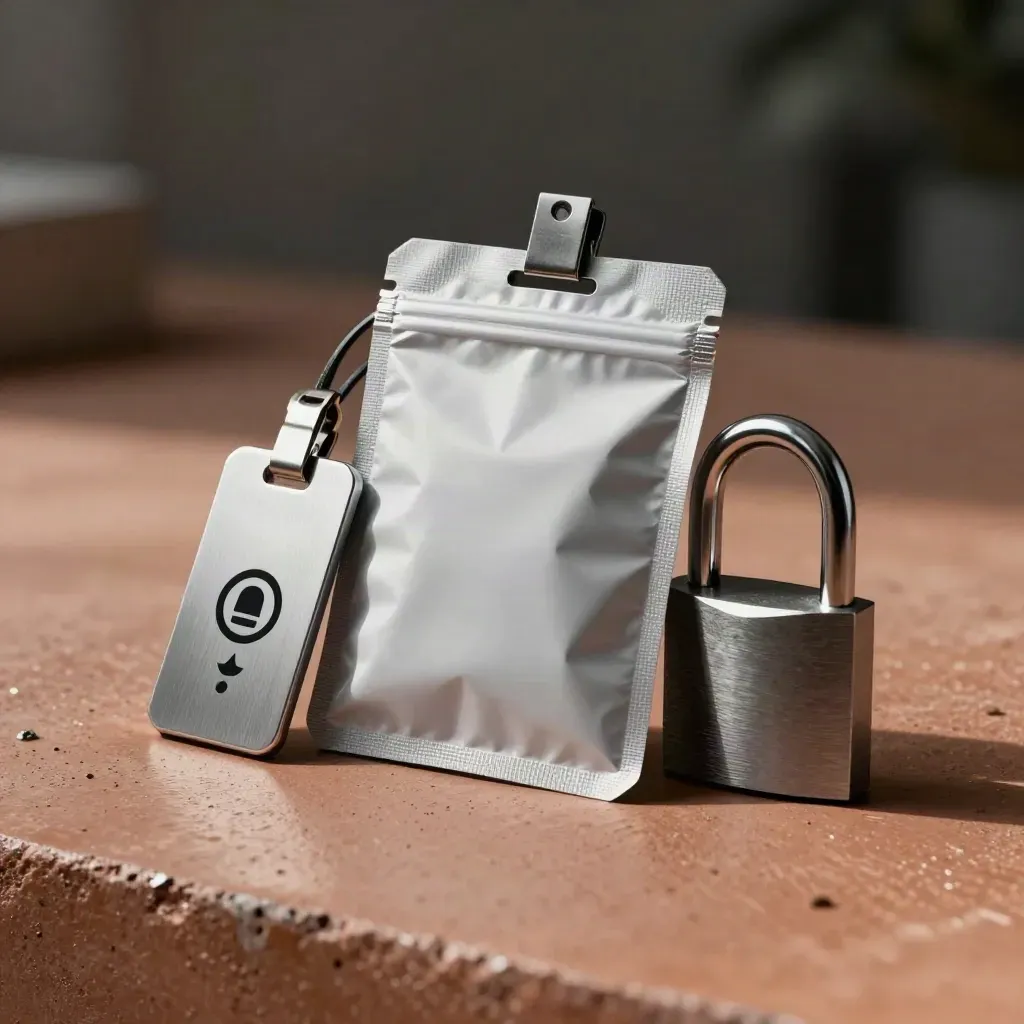 RFID badge clip, sealed evidence pouch, and padlock shackle on terracotta concrete.