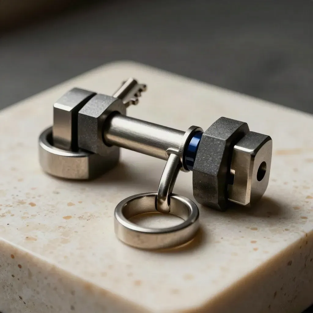 Machined rings and modular blocks linked by a bridge bar on travertine, dramatic studio light