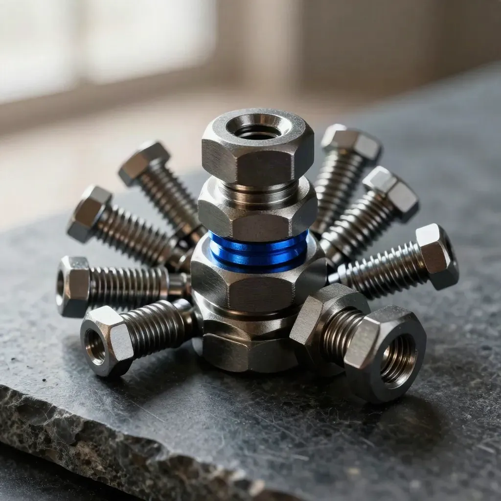 Macro still life of hex couplings, steel clip, and fanned fasteners on limestone