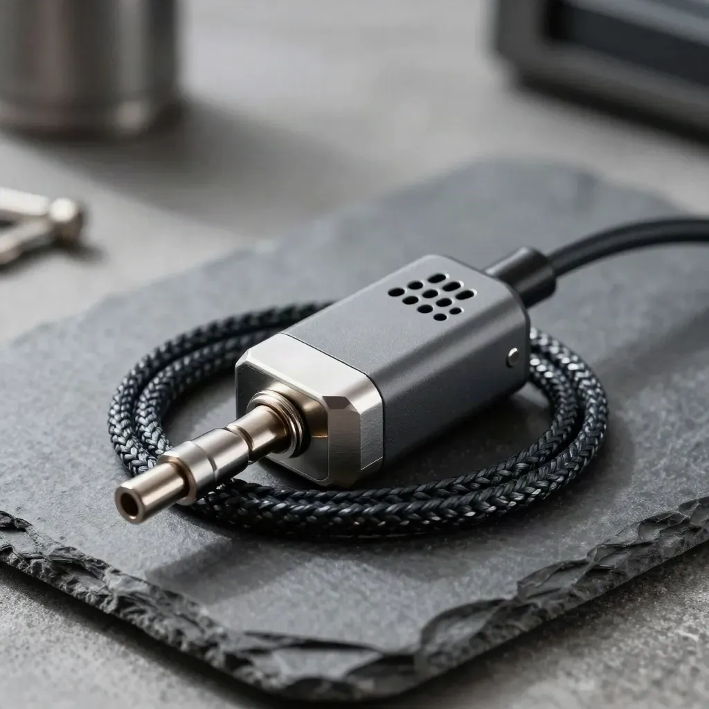 Braided sensor cable and vented probe around a monitoring puck on a slate surface.