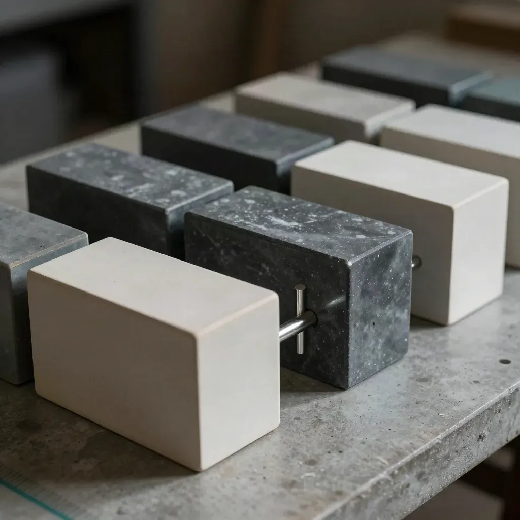 Ceramic blocks linked by steel pins on a concrete surface with a teal accent